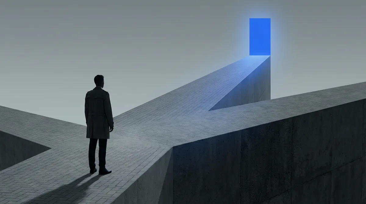 Professional figure standing at concrete crossroads, glowing blue portal ahead representing the path forward