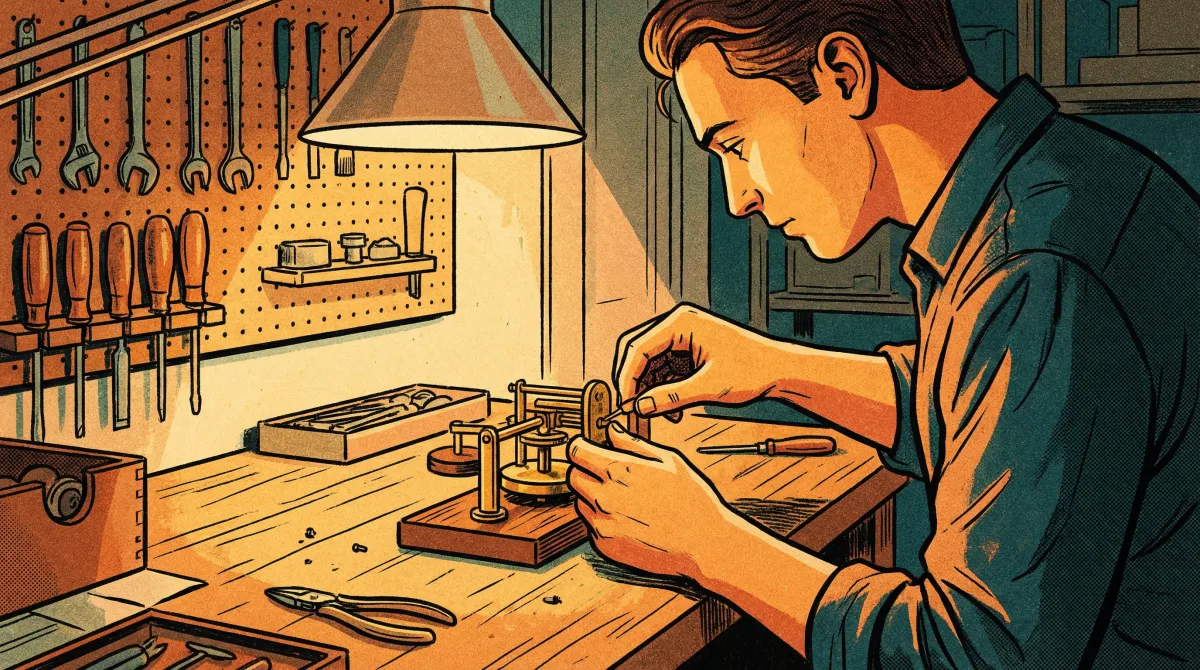 Craftsperson at workbench assembling precision machinery, tools organized around them