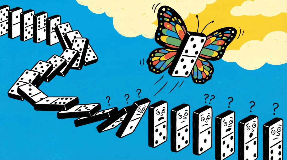 Whimsical illustration of dominos falling in a chain, with one domino sprouting butterfly wings and flying away while the others look confused.
