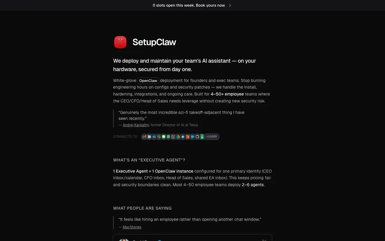 SetupClaw homepage — white-glove OpenClaw deployment for founders and exec teams, 0 slots open this week