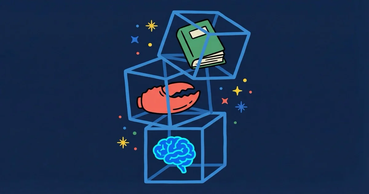Three stacked transparent cubes each containing a different glowing object — a brain, a lobster claw, and a journal — against deep navy, whimsical editorial illustration