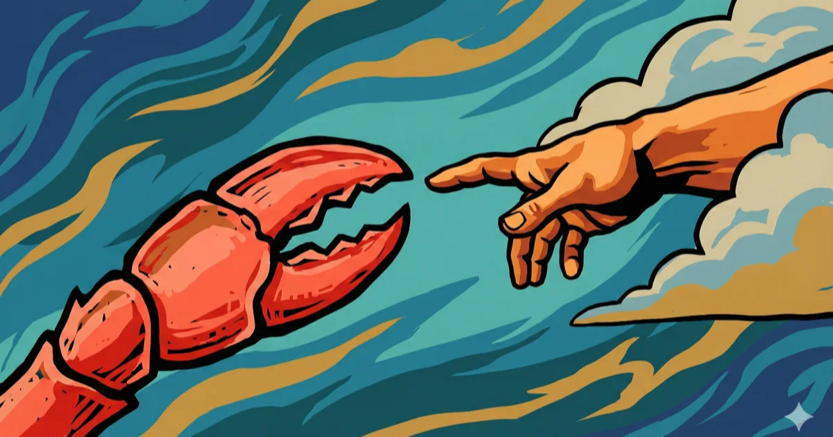 A lobster claw reaching toward a human hand, Sistine Chapel style, whimsical editorial illustration with bold outlines against flowing blue and teal background