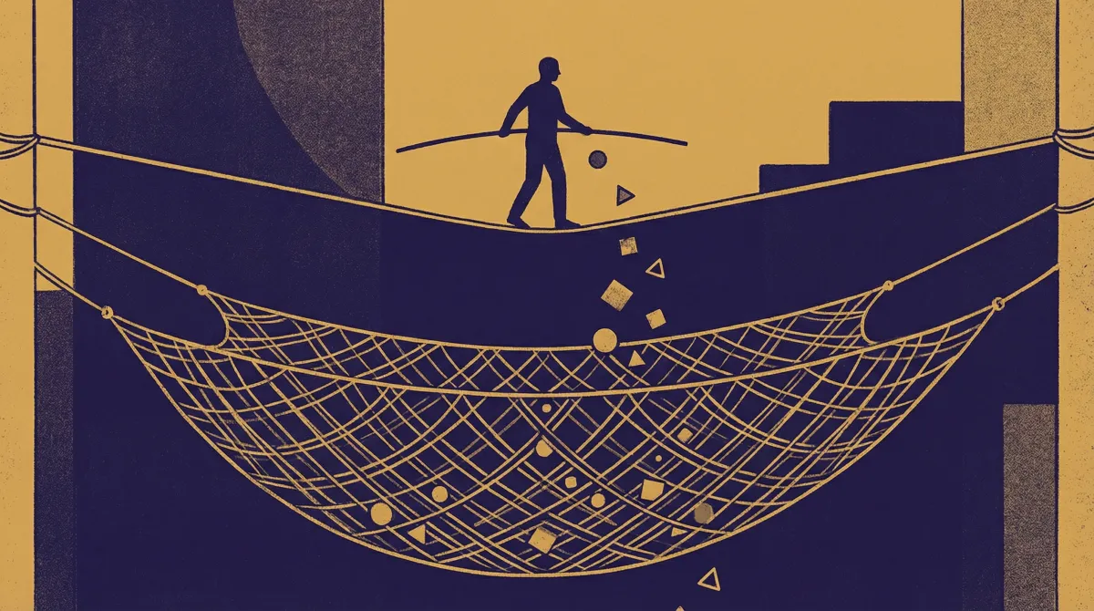 Tightrope walker silhouette with safety net catching falling objects below
