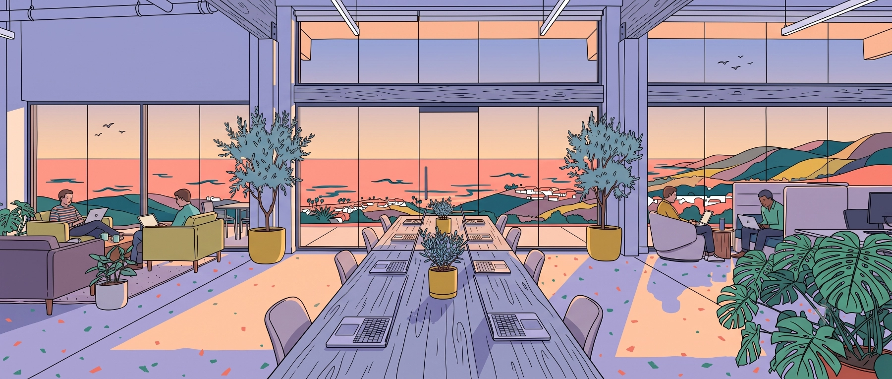 Illustrated PageLines workspace at sunset, laptops on a long table, hills through floor-to-ceiling windows