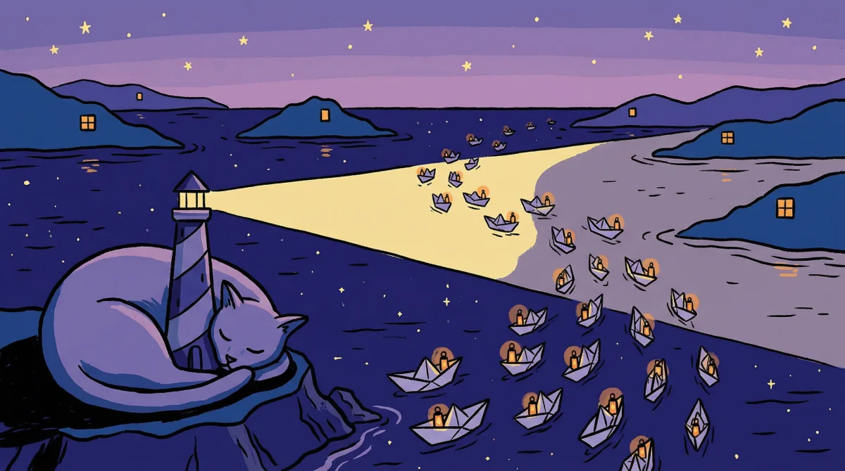 Sleeping cat curled around a lighthouse while paper boats with glowing lanterns sail across an indigo sea toward lit windows on distant islands