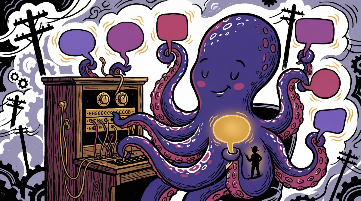 Whimsical editorial illustration of a serene purple octopus at a vintage telephone switchboard, routing glowing speech bubbles with each tentacle while a tiny human figure receives a golden bubble