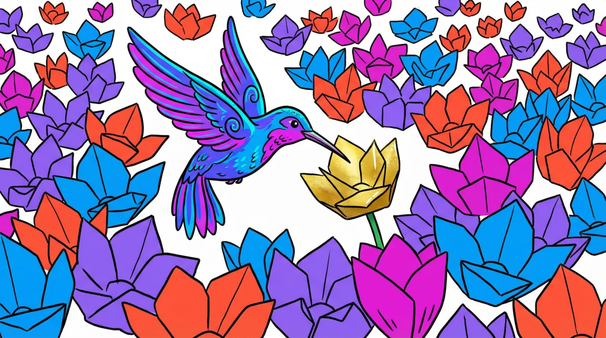 Whimsical hummingbird selecting one golden paper flower from a sea of colorful origami flowers