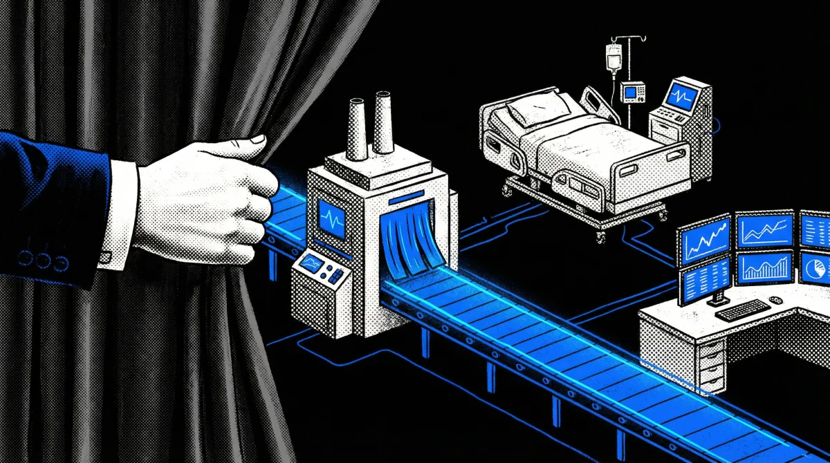 Hand pulling back curtain to reveal factory, hospital, and trading desk on a shared conveyor belt