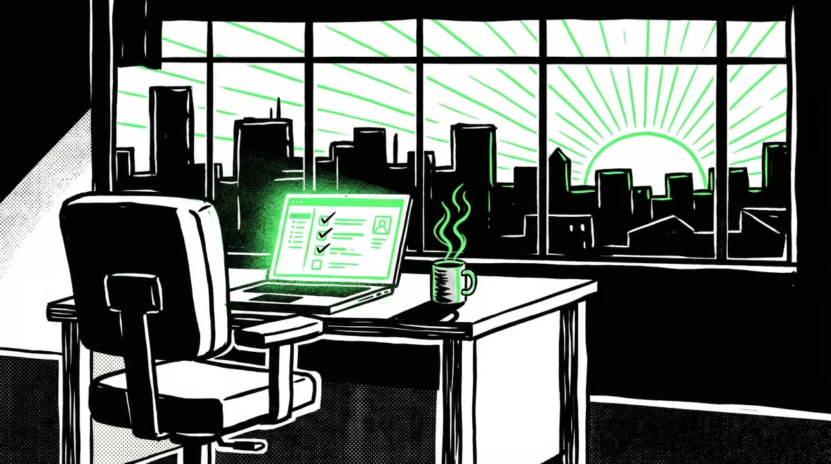 Empty office chair at a desk with a glowing laptop showing completed tasks, dawn breaking over a city skyline through the window — black white and green editorial illustration