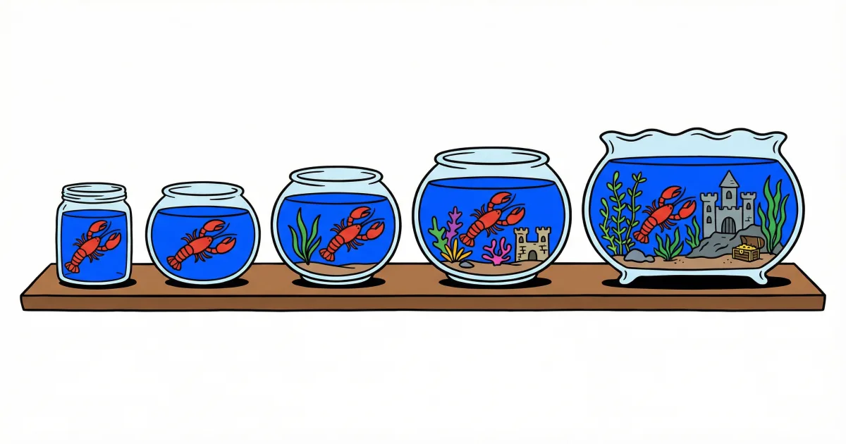 Five fishbowls of increasing size on a wooden shelf, each containing the same red lobster but with progressively more decorations — editorial illustration comparing OpenClaw hosting tiers