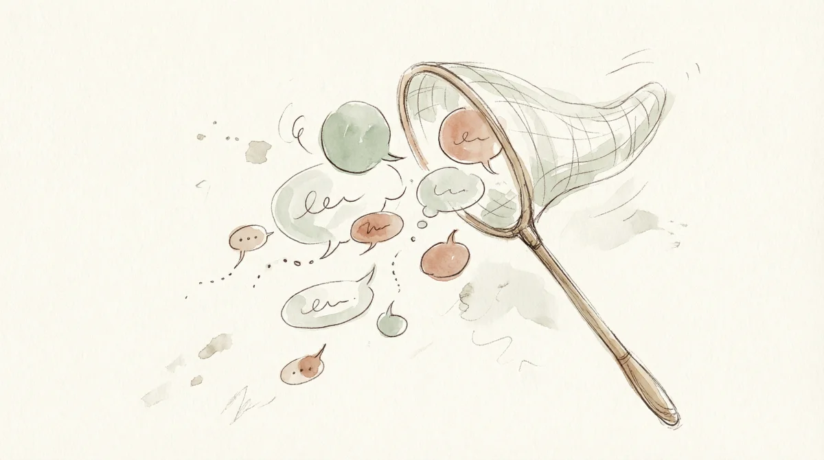 Butterfly net catching floating speech bubbles, watercolor sketch style in sage and terracotta