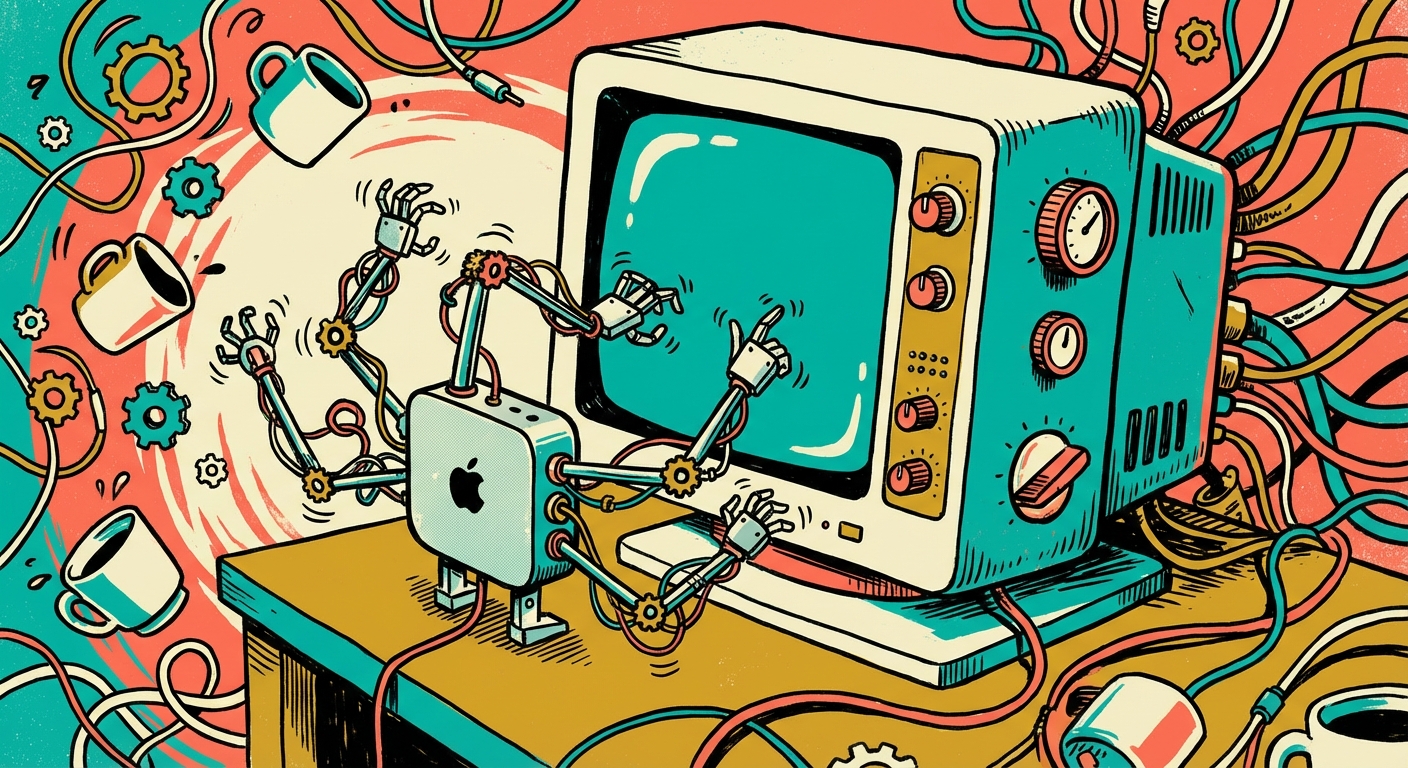 Retro illustration of a Mac Mini with robot arms trying to control an old computer, surrounded by tangled cables and coffee cups