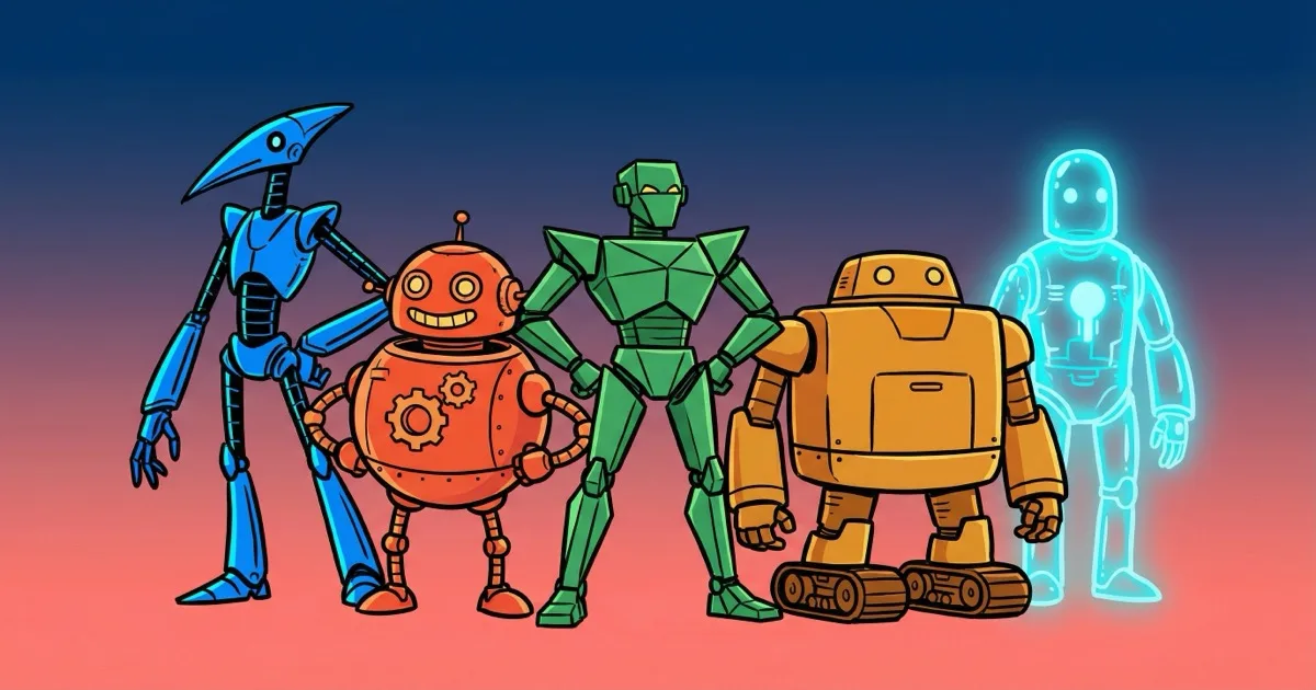 Five quirky robot characters of different shapes and sizes standing together like a team photo against a navy-to-coral gradient, whimsical editorial illustration