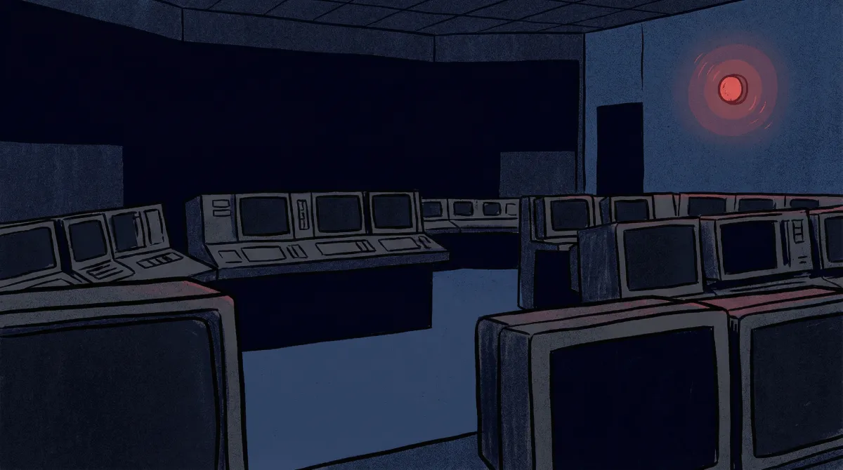 Empty control room at night with single red warning light blinking unnoticed