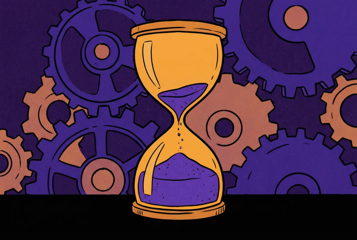 Hourglass running out of sand while complex machinery waits idle