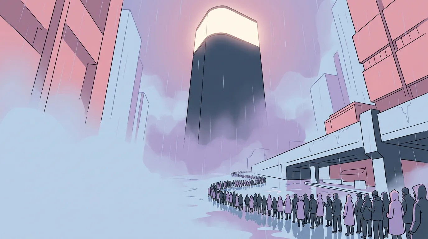 A giant tower over a long queue of people