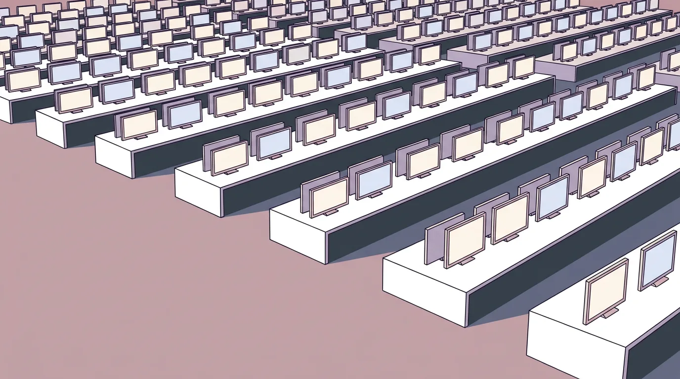 A hall of identical desks and screens