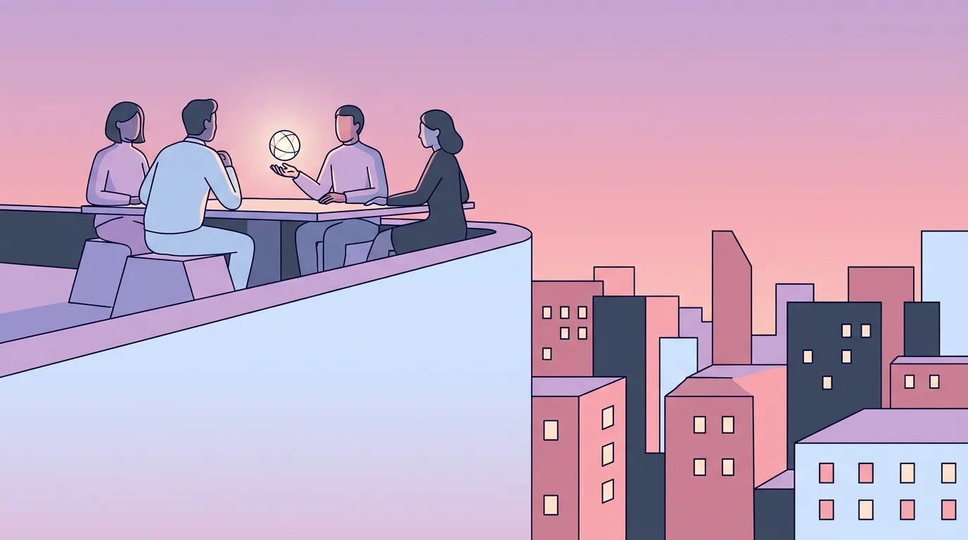 A small table of colleagues with a glowing AI on a rooftop