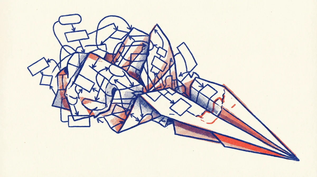 Complex flowchart diagram crumpling into a paper airplane, risograph print style in navy and vermillion on cream