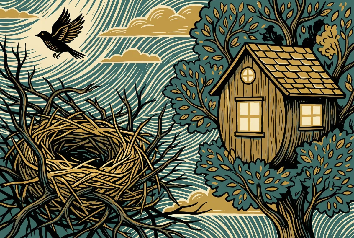 Bird flying from tangled nest to cozy treehouse
